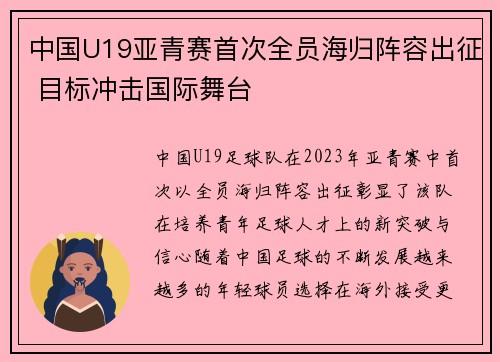 中国U19亚青赛首次全员海归阵容出征 目标冲击国际舞台
