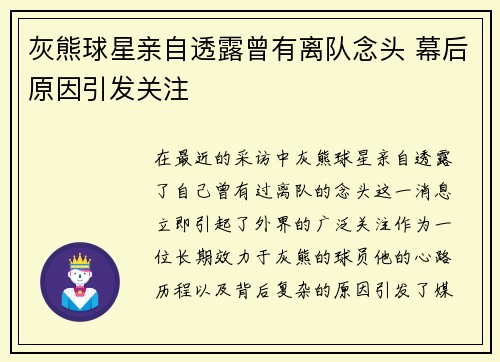 灰熊球星亲自透露曾有离队念头 幕后原因引发关注