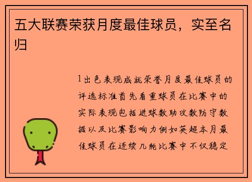 五大联赛荣获月度最佳球员，实至名归